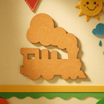 Unpainted MDF steam train cutout with large cloud-shaped smoke, a square window in the engine cab, and rounded wheels, hanging on wall