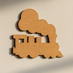 Unpainted MDF steam train cutout with large cloud-shaped smoke, a square window in the engine cab, and rounded wheels, hanging on wall