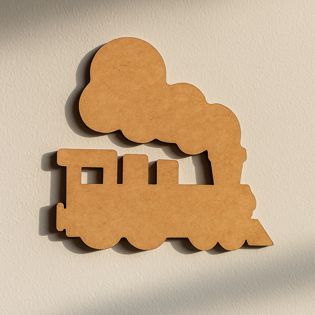 Unpainted MDF steam train cutout with large cloud-shaped smoke, a square window in the engine cab, and rounded wheels, hanging on wall