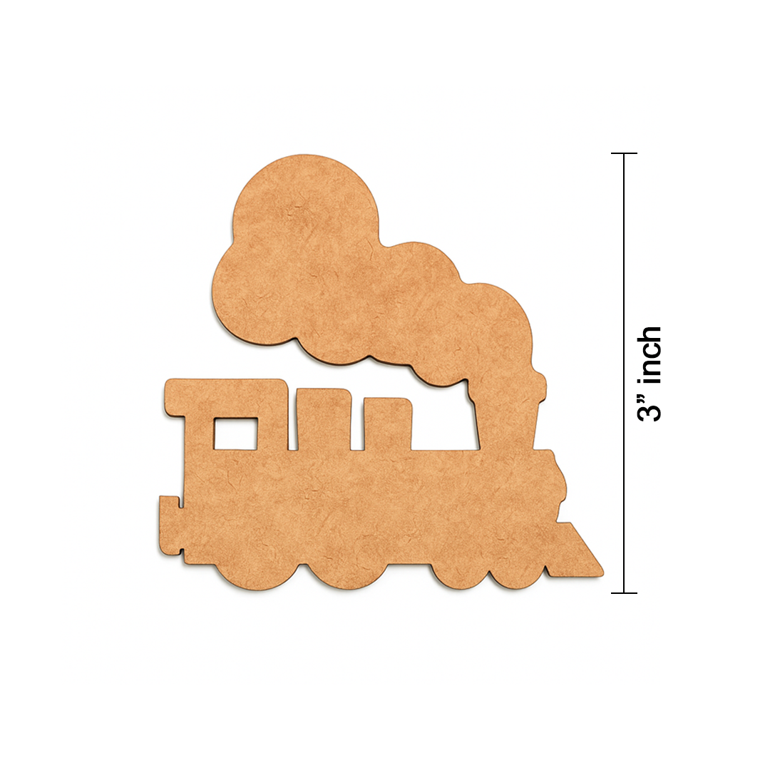 Unpainted MDF steam train cutout with large cloud-shaped smoke, a square window in the engine cab, and rounded wheels, displayed on a white background with size