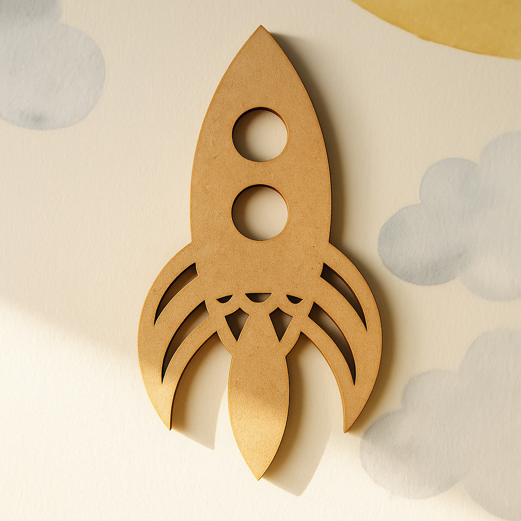 Unfinished MDF rocket ship cutout with two circular windows and decorative cut-out flame details, hanging on wall