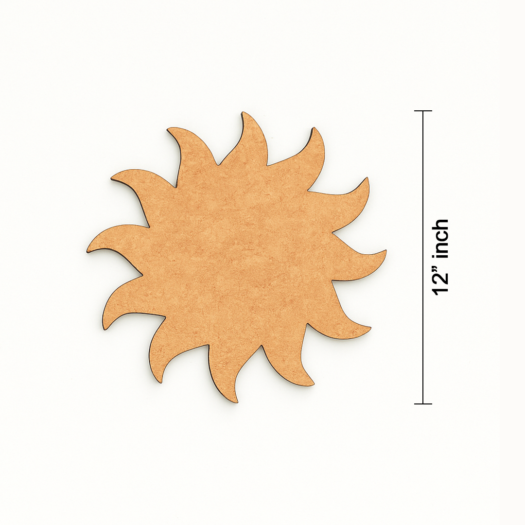 MDF sun cutout measuring 12 inches, shown with dimension reference on white background