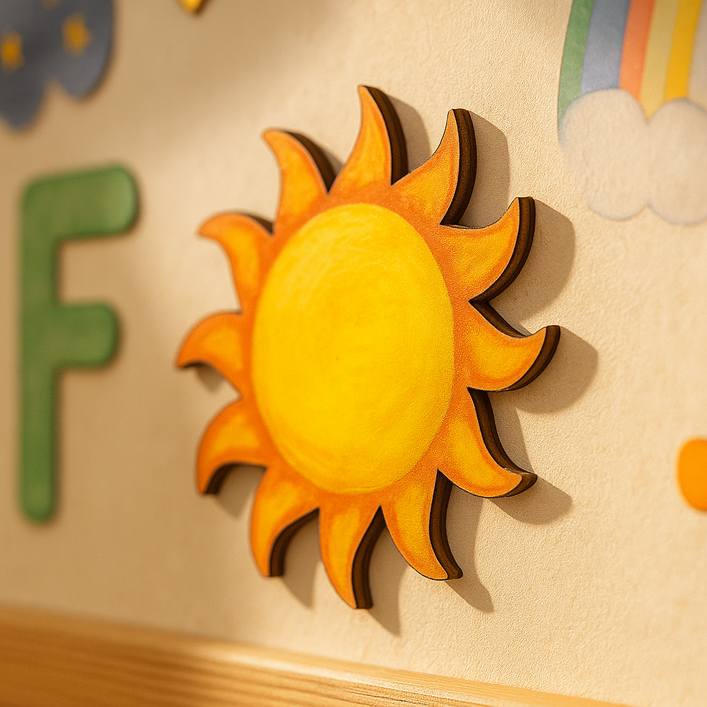 Painted yellow MDF sun cutout used as wall décor in a kids room