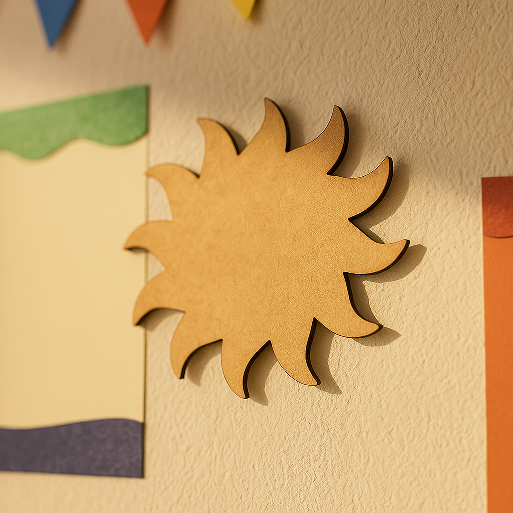 Plain MDF sun shape wall hanging displayed on a decorated bulletin board