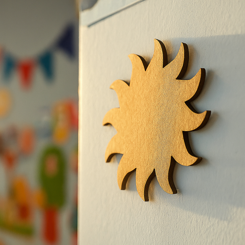 MDF sun cutout mounted on a light-colored wall with soft sunlight