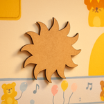 Raw MDF sun shape used as nursery wall decoration with playful illustrations in background