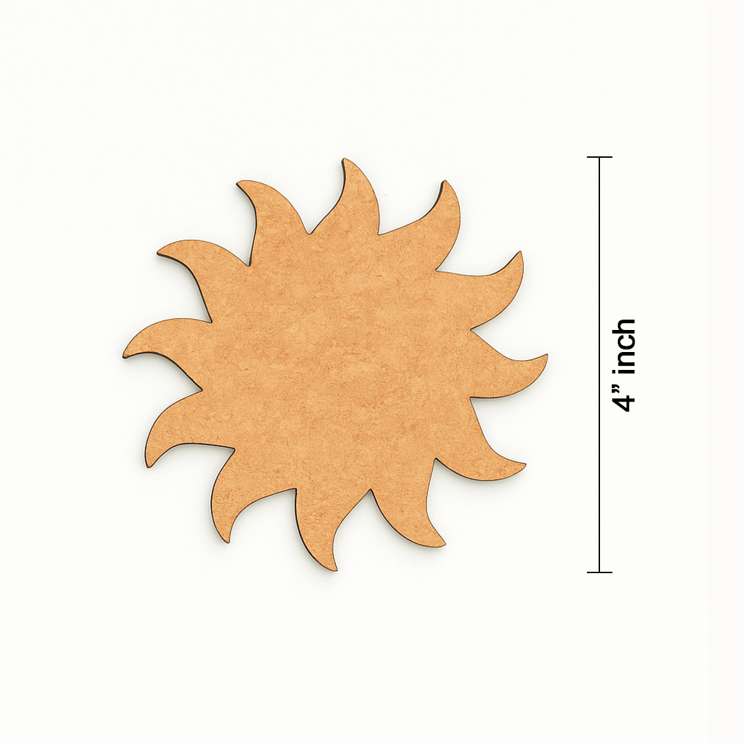 MDF sun cutout measuring 4 inches, shown with dimension reference on white background