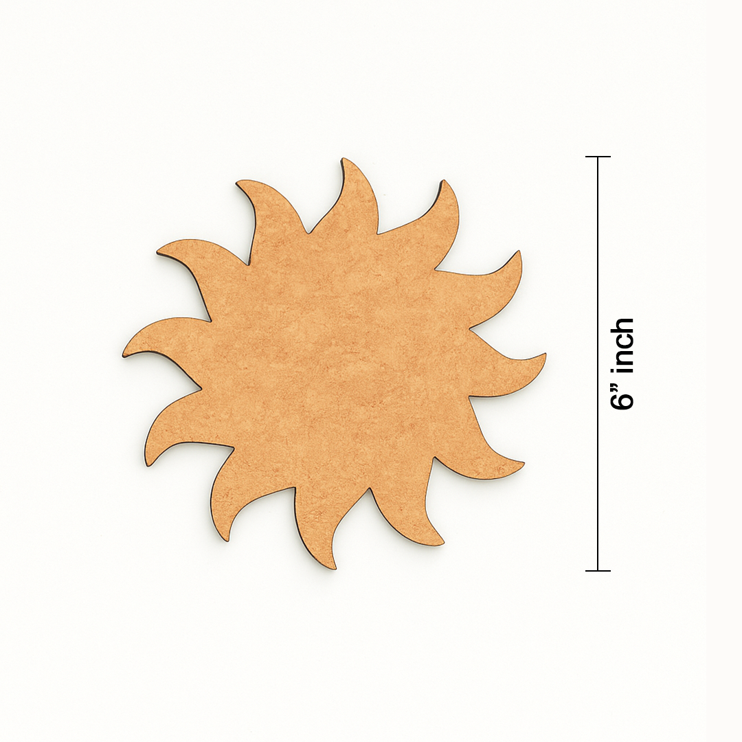 MDF sun cutout measuring 6 inches, shown with dimension reference on white background