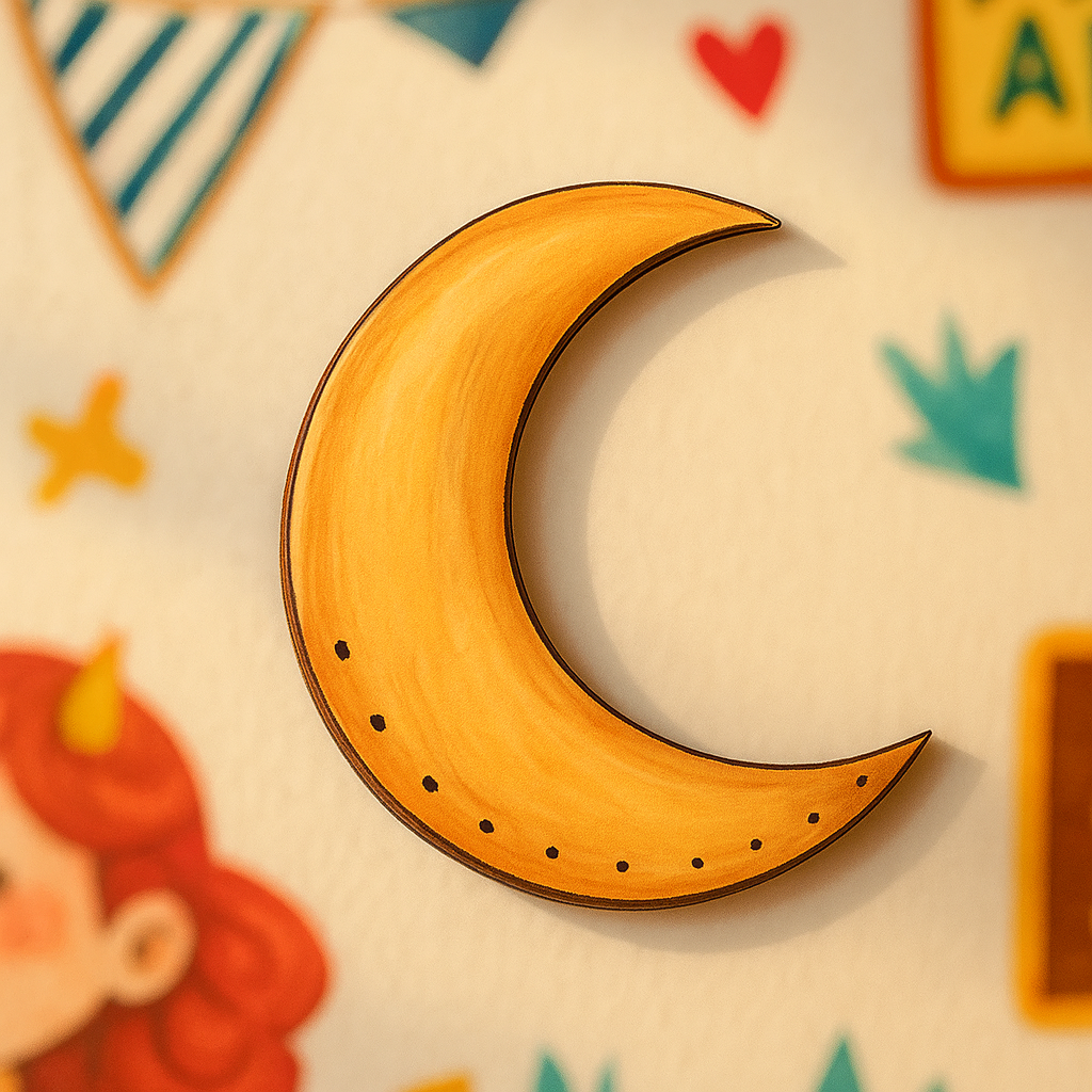 Painted Crescent-moon shaped MDF DIY craft cutout with small evenly spaced hanging holes along the lower curve, on a white background hanging on wall