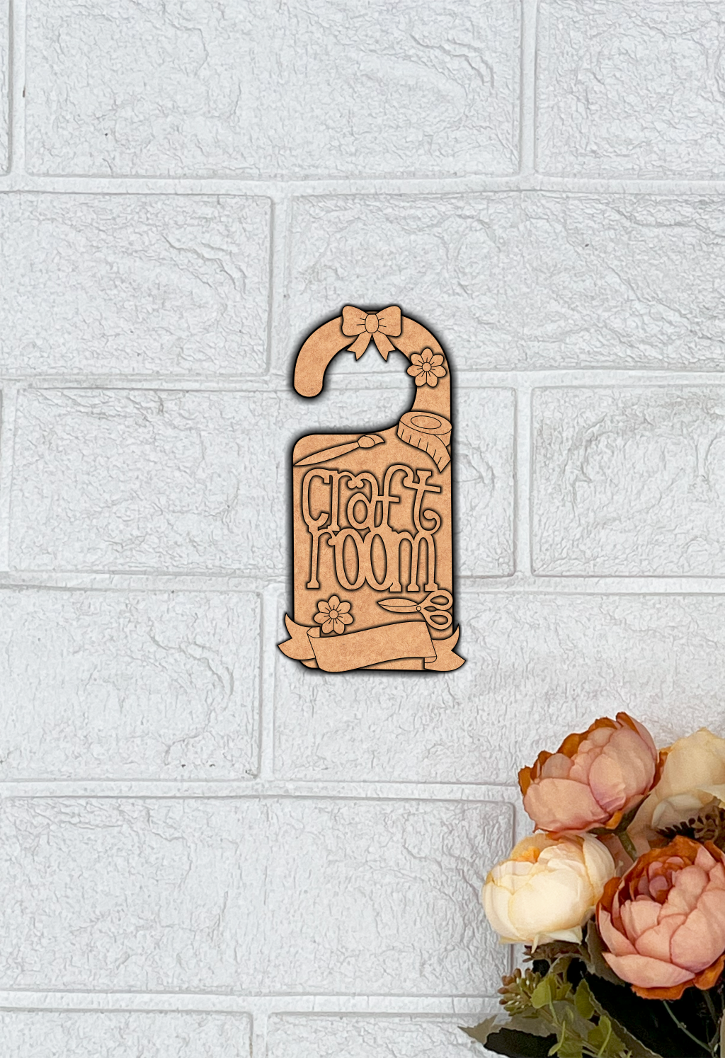 MDF Craft Room Door Hanger DIY Craft Decor Art Sign Set Pro unpainted laser cut MDF hanging with scissors brush and floral design for painting and decoration