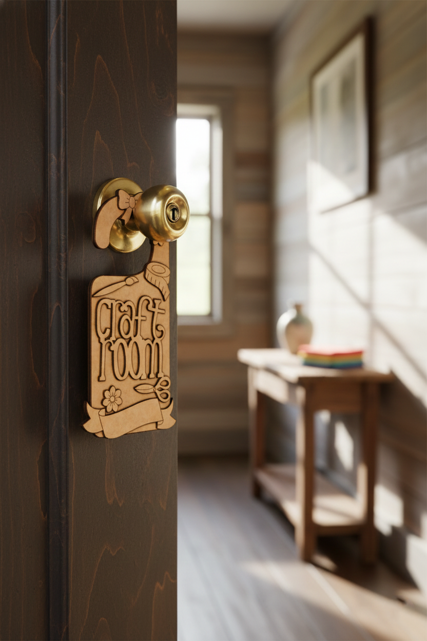 MDF Craft Room Door Hanger DIY Craft Decor Art Sign Set Pro unpainted laser cut MDF hanging with scissors brush and floral design for painting and decoration hanging on door