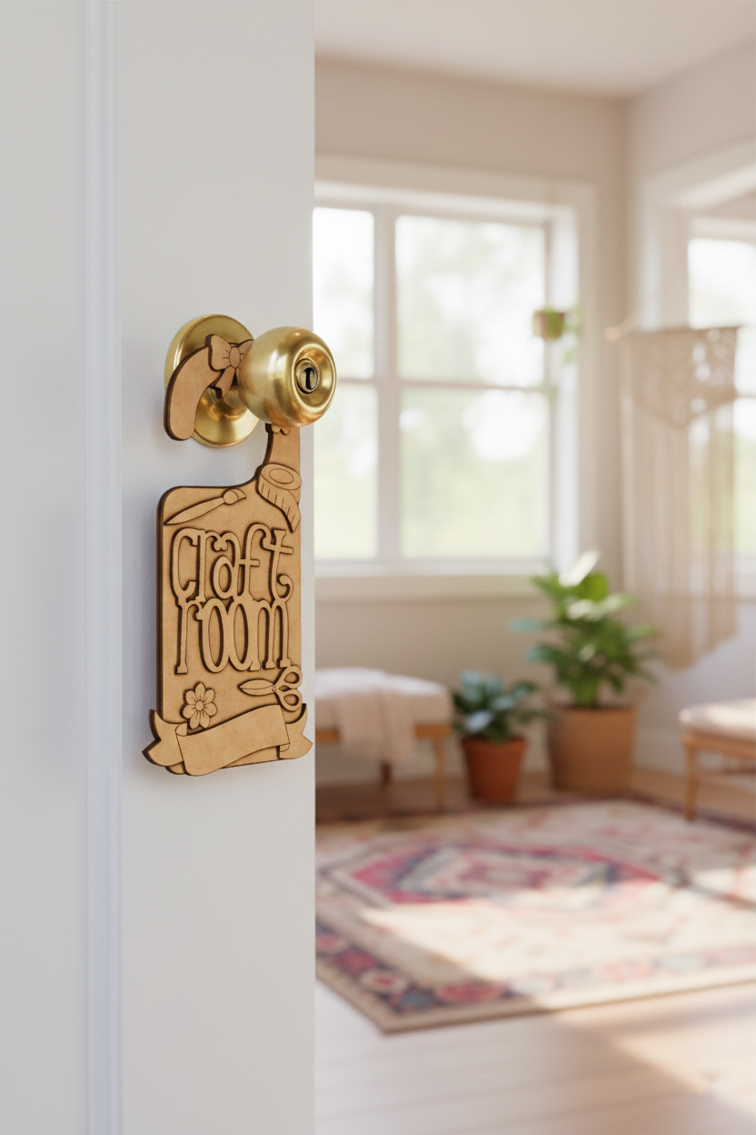 MDF Craft Room Door Hanger DIY Craft Decor Art Sign Set Pro unpainted laser cut MDF hanging with scissors brush and floral design for painting and decoration hanging on door