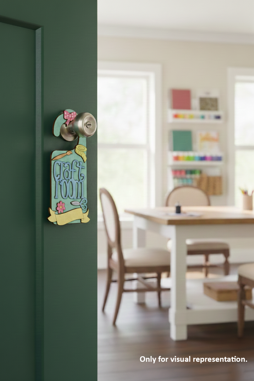 MDF Craft Room Door Hanger DIY Craft Decor Art Sign Set Pro painted laser cut MDF hanging with scissors brush and floral design for painting and decoration hanging on door