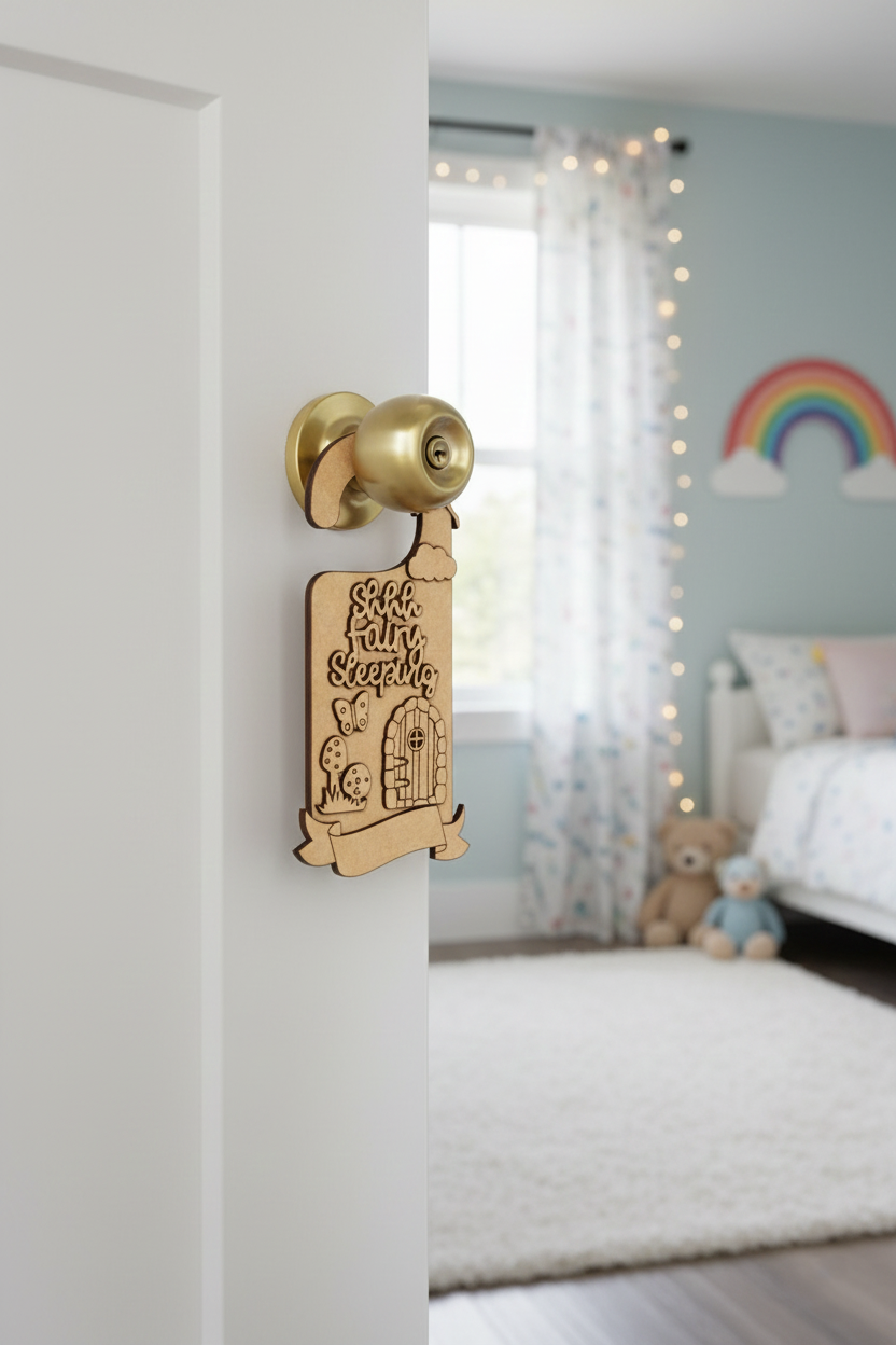 MDF Shhh Fairy Sleeping Door Hanger DIY Craft Decor Art Sign unpainted laser cut MDF hanging with fairy mushroom and tiny door design for painting and decoration hanging on door
