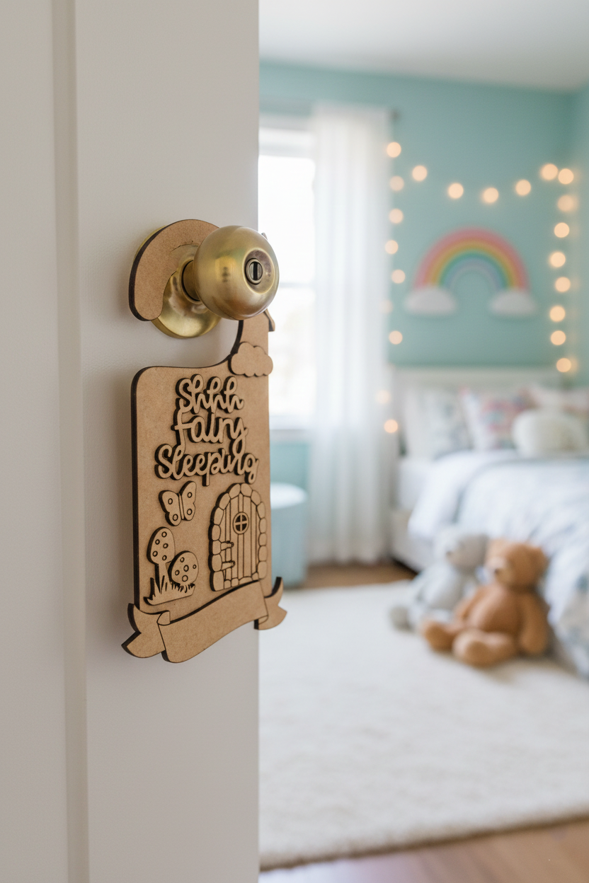 MDF Shhh Fairy Sleeping Door Hanger DIY Craft Decor Art Sign unpainted laser cut MDF hanging with fairy mushroom and tiny door design for painting and decoration hanging on door