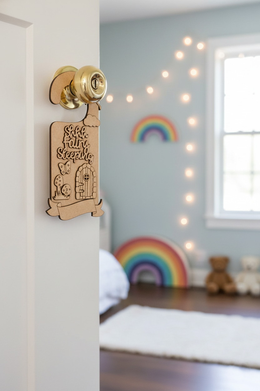 MDF Shhh Fairy Sleeping Door Hanger DIY Craft Decor Art Sign unpainted laser cut MDF hanging with fairy mushroom and tiny door design for painting and decoration hanging on door