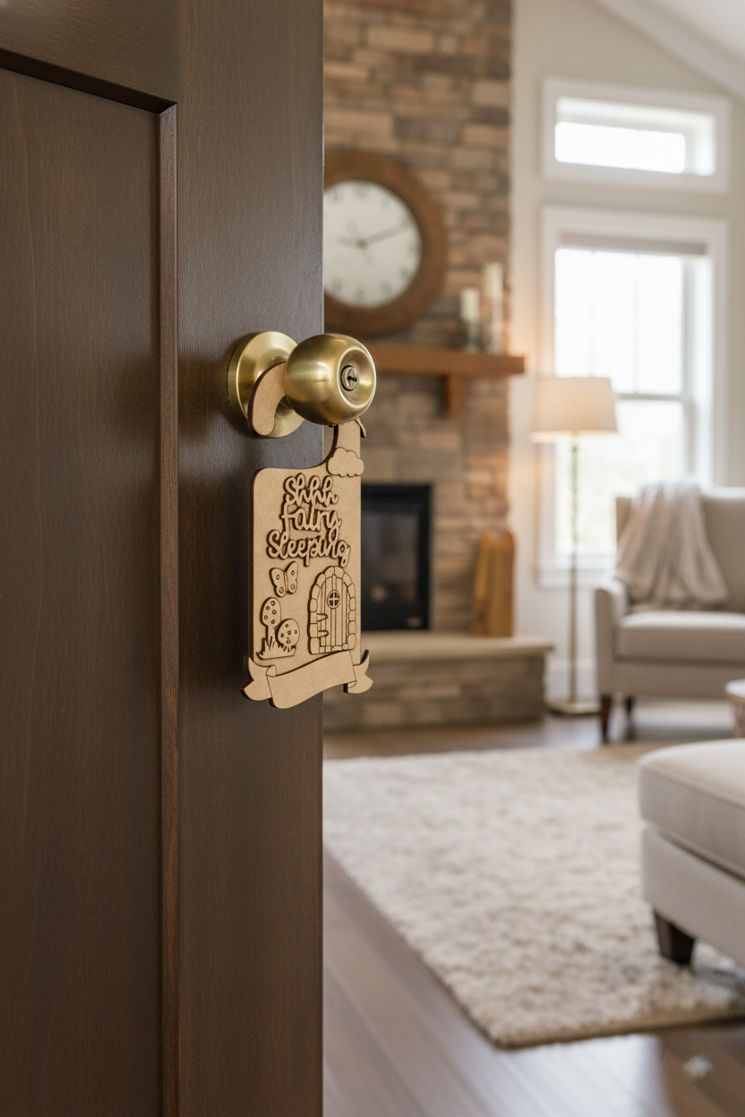 MDF Shhh Fairy Sleeping Door Hanger DIY Craft Decor Art Sign unpainted laser cut MDF hanging with fairy mushroom and tiny door design for painting and decoration hanging on door