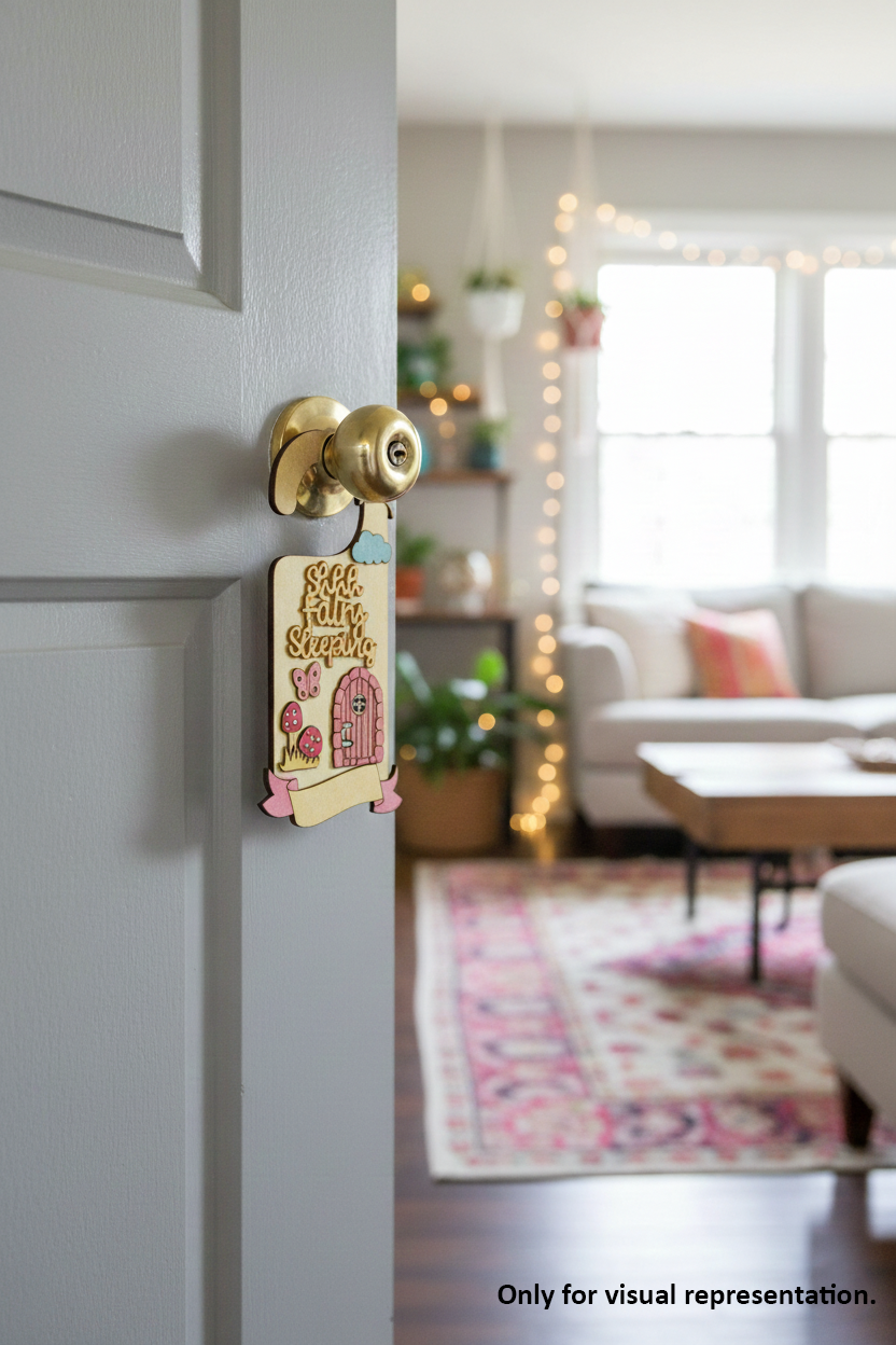 MDF Shhh Fairy Sleeping Door Hanger DIY Craft Decor Art Sign painted laser cut MDF hanging with fairy mushroom and tiny door design for painting and decoration hanging on door