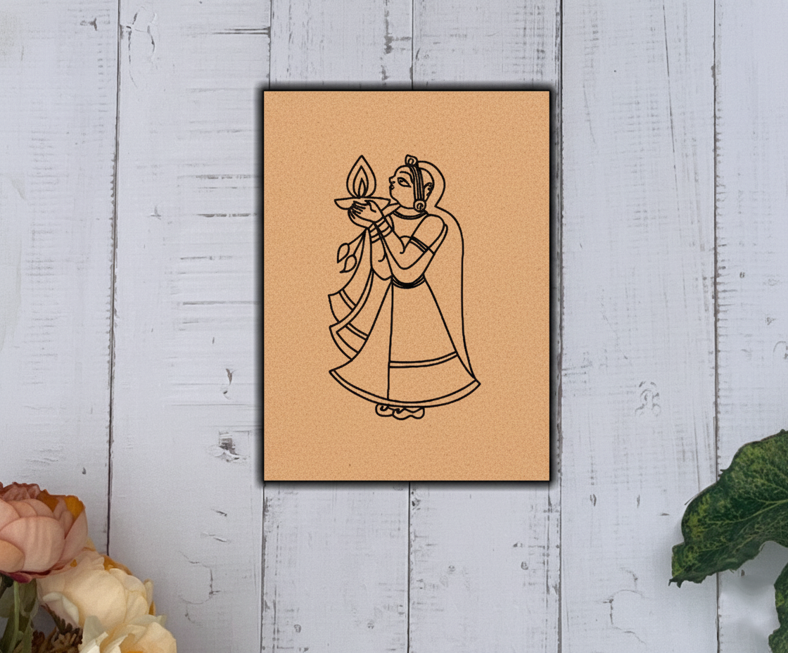 Woman holding diya MDF board for DIY painting