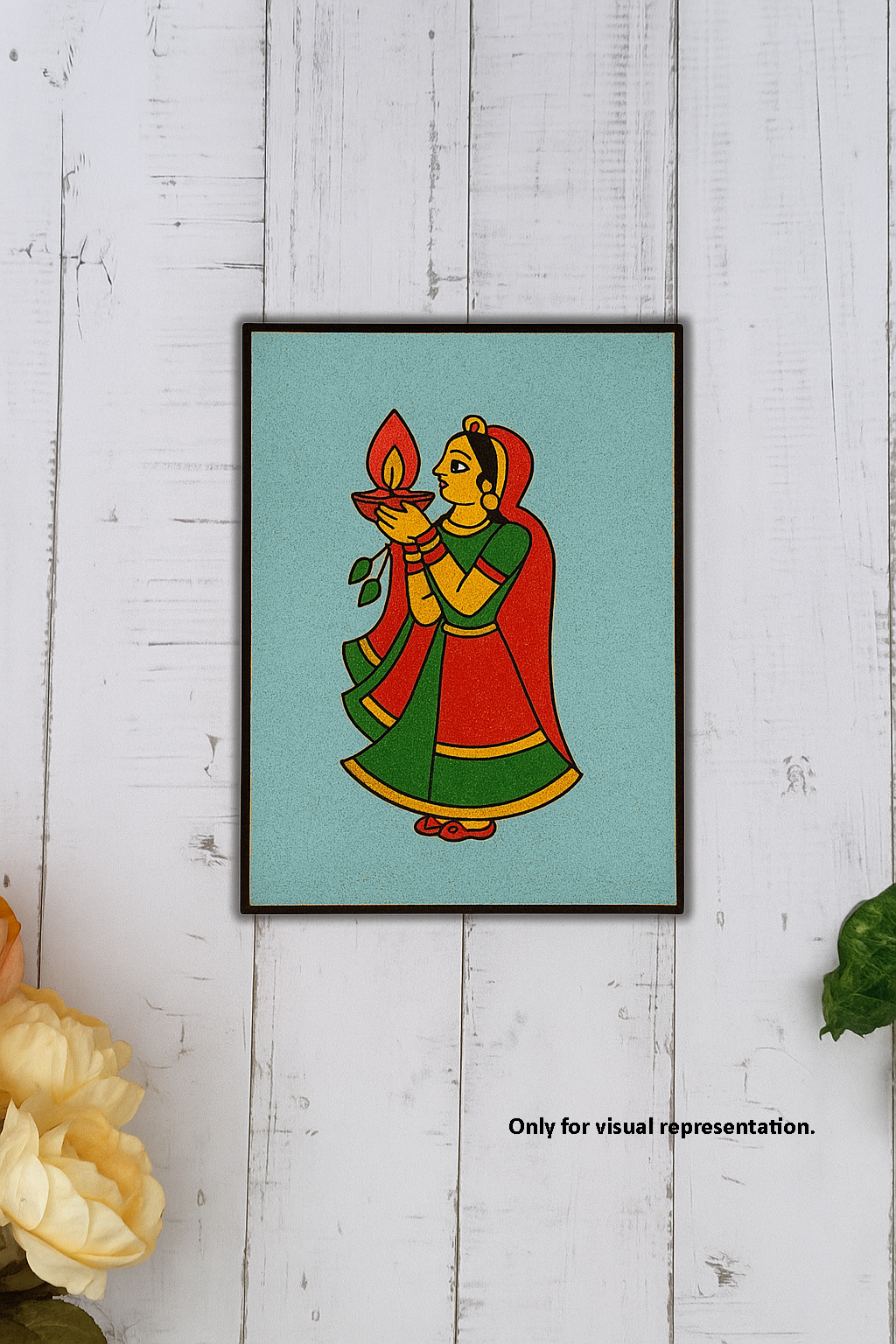 Woman holding diya MDF board for DIY painting