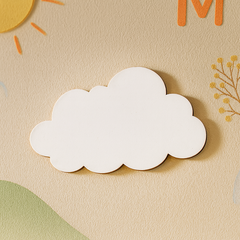 Painted MDF cloud-shaped DIY craft cutout with rounded edges, hanging on artwok painted wall