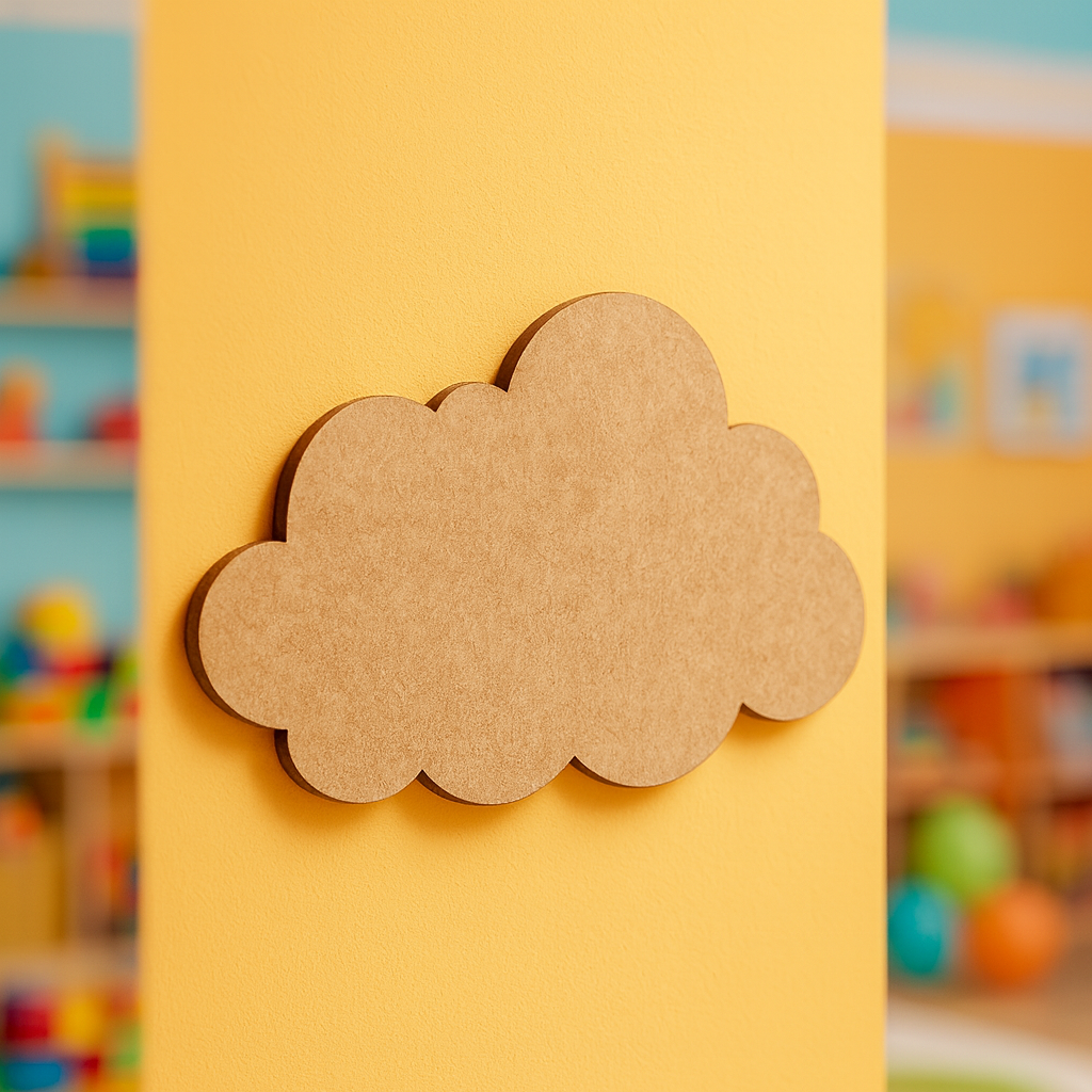 Unpainted MDF cloud-shaped DIY craft cutout with rounded edges, hanging on pillar