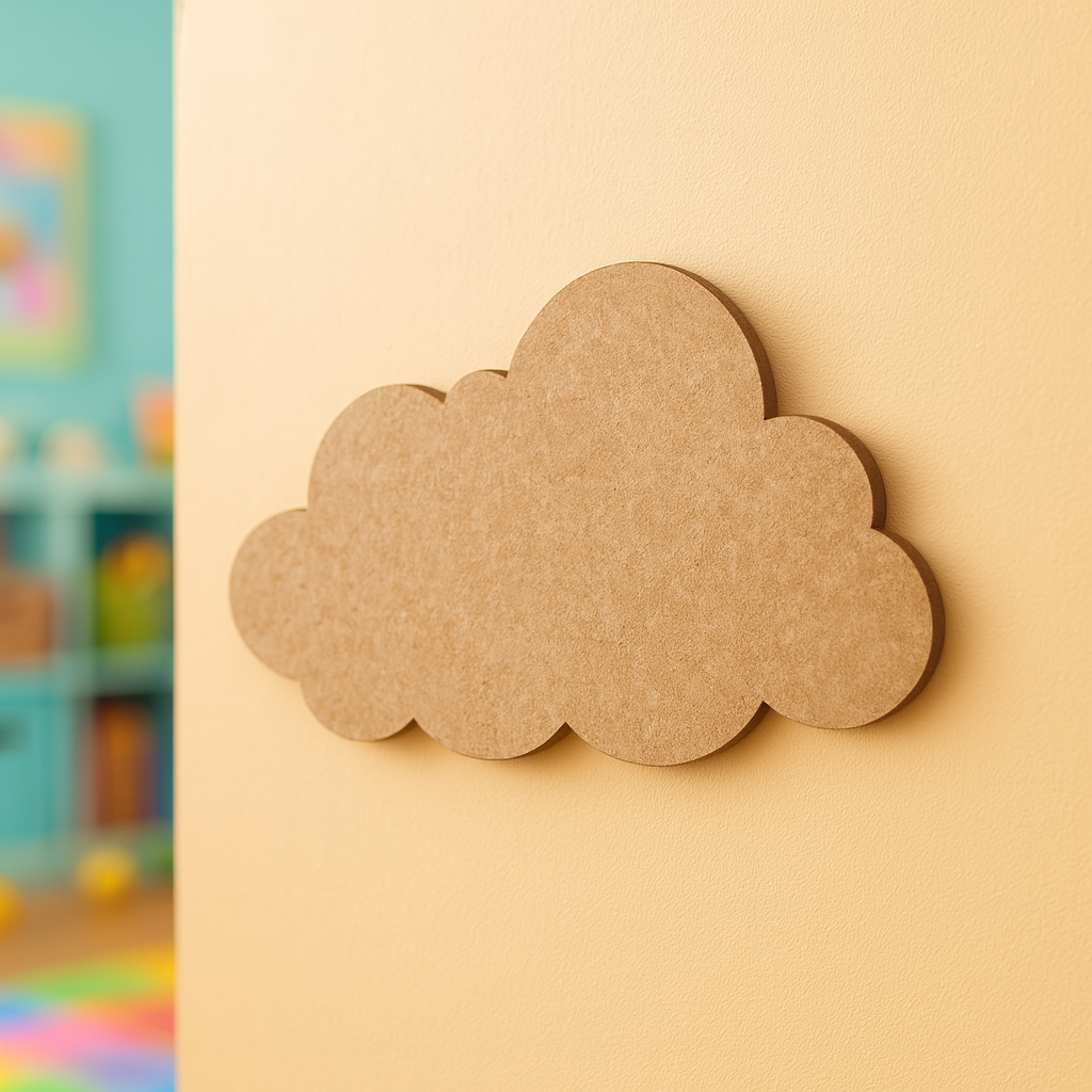 Unpainted MDF cloud-shaped DIY craft cutout with rounded edges, hanging on wall
