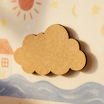 Unpainted MDF cloud-shaped DIY craft cutout with rounded edges, hanging on artwok painted wall