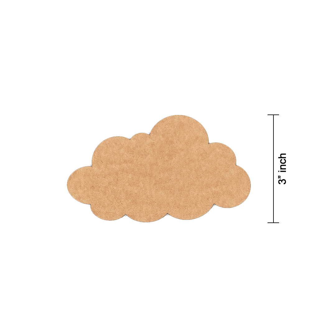 Unpainted MDF cloud-shaped DIY craft cutout with rounded edges, isolated on white background with size