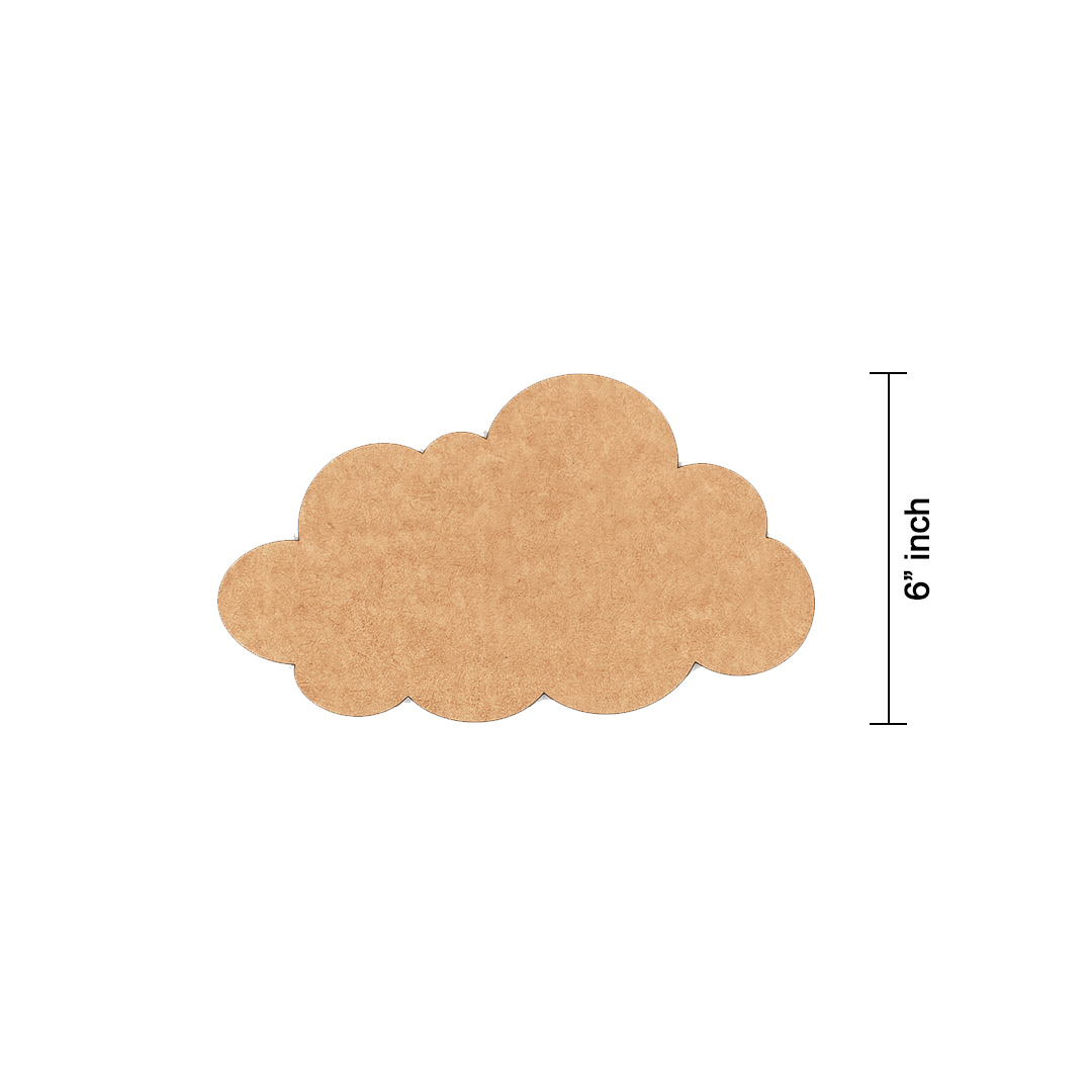 Unpainted MDF cloud-shaped DIY craft cutout with rounded edges, isolated on white background with size