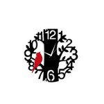 Black wall clock with a tree-shaped design featuring scattered numbers and a red bird accent perched on the tree, creating a unique and artistic look