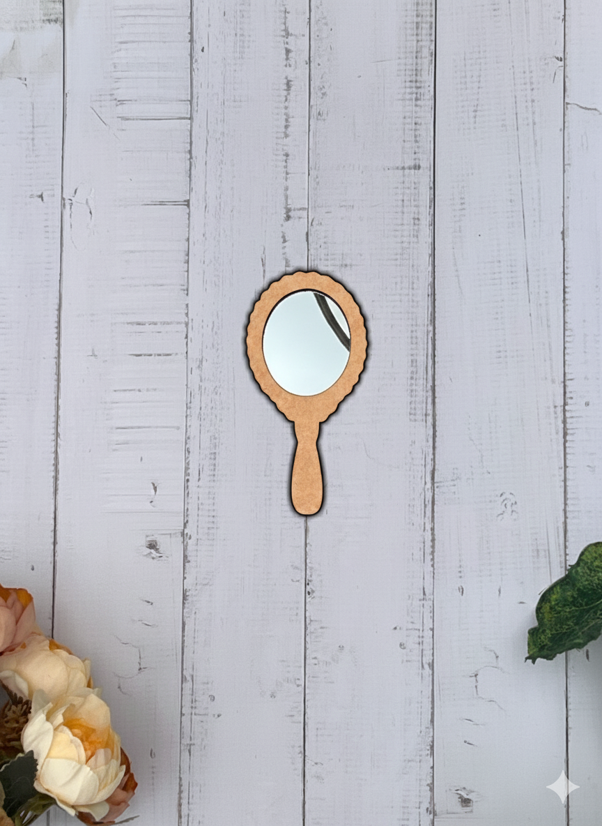 DIY MDF hand mirror with scalloped round frame and handle, blank DIY craft mirror , hanging on wall