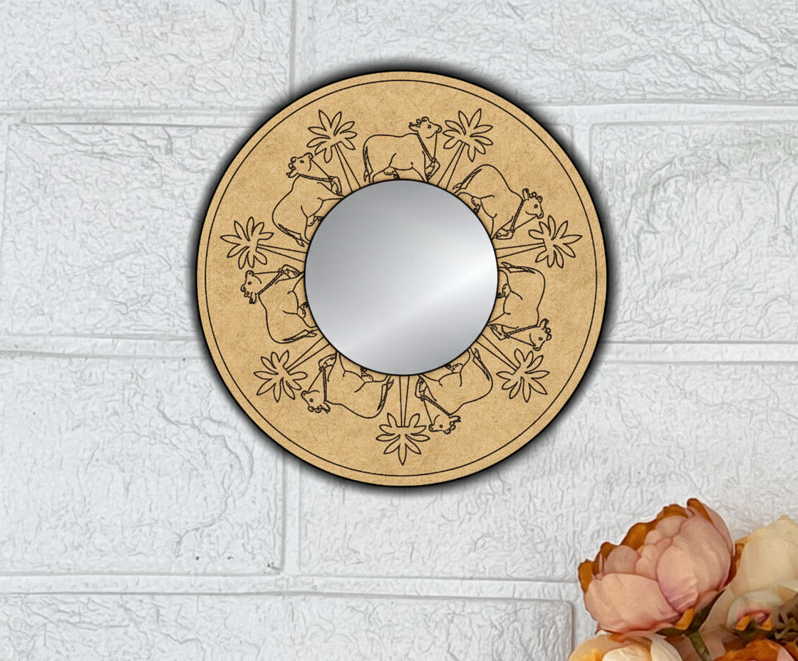 DIY round MDF mirror with engraved cow and flower frame, blank 
