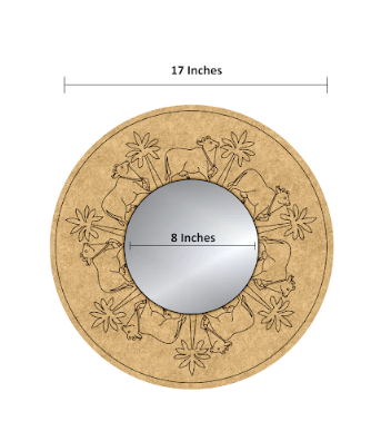 DIY round MDF mirror with engraved cow and flower frame, blank with size