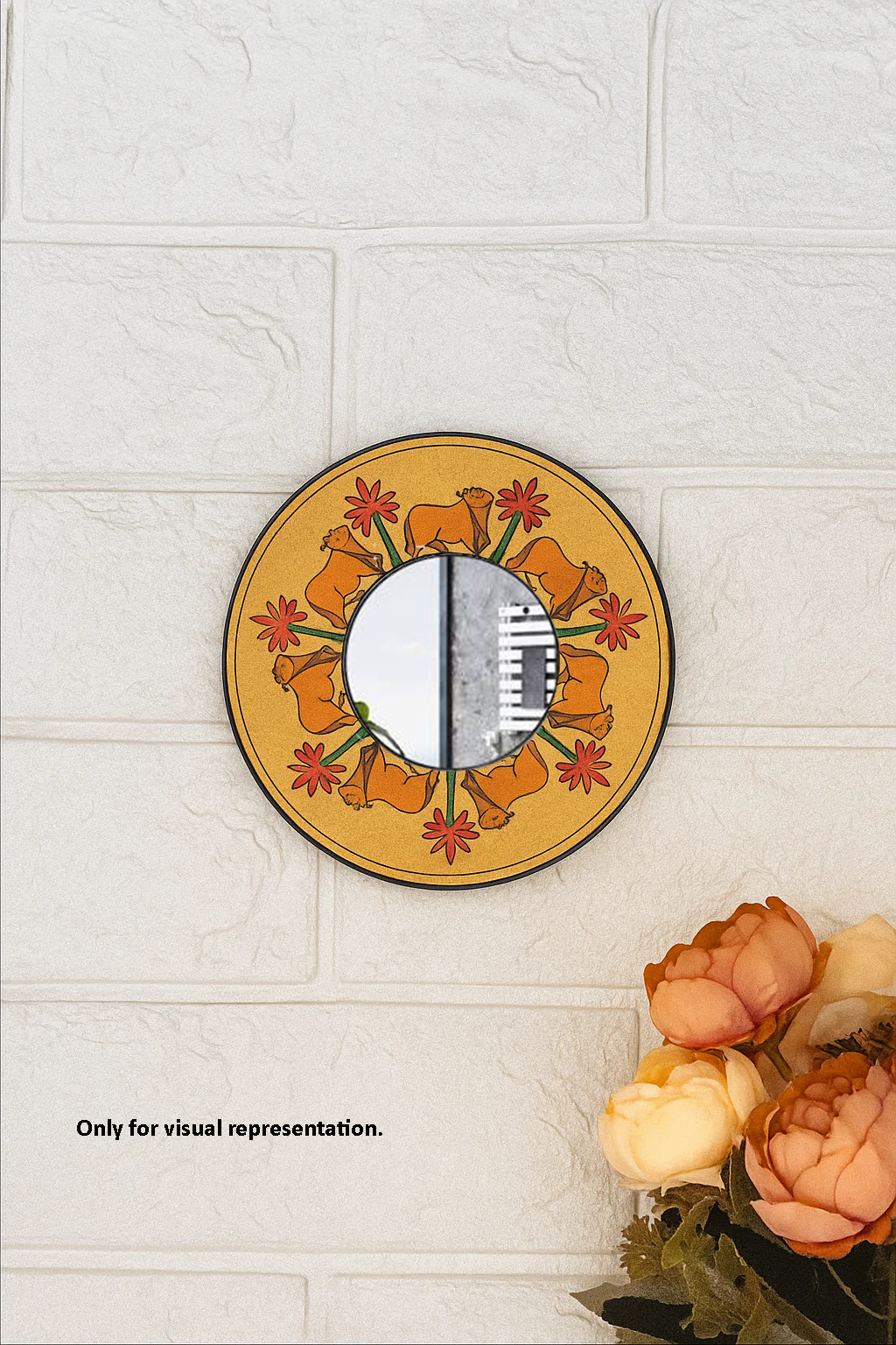 Decorative DIY wall mirror with floral design on a tiled wall.