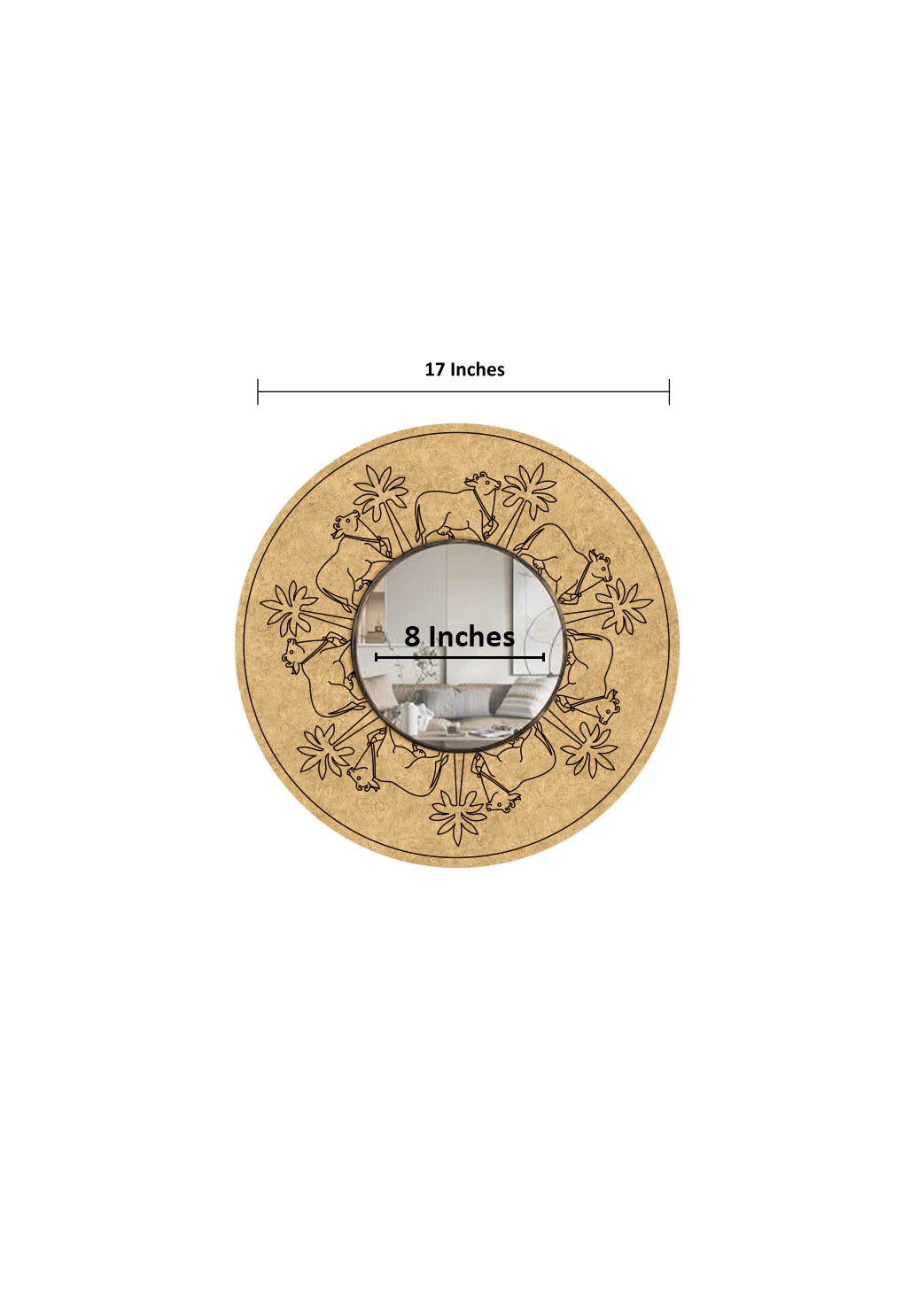 Circular DIY wall mirror product with measurements on a white background