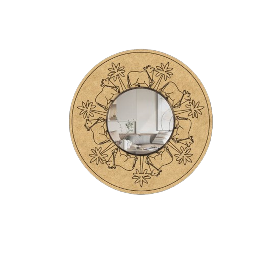 Round decorative DIY wall mirror with animal design on a beige background