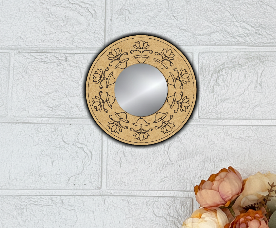 DIY lotus motif round MDF mirror with frame, blank