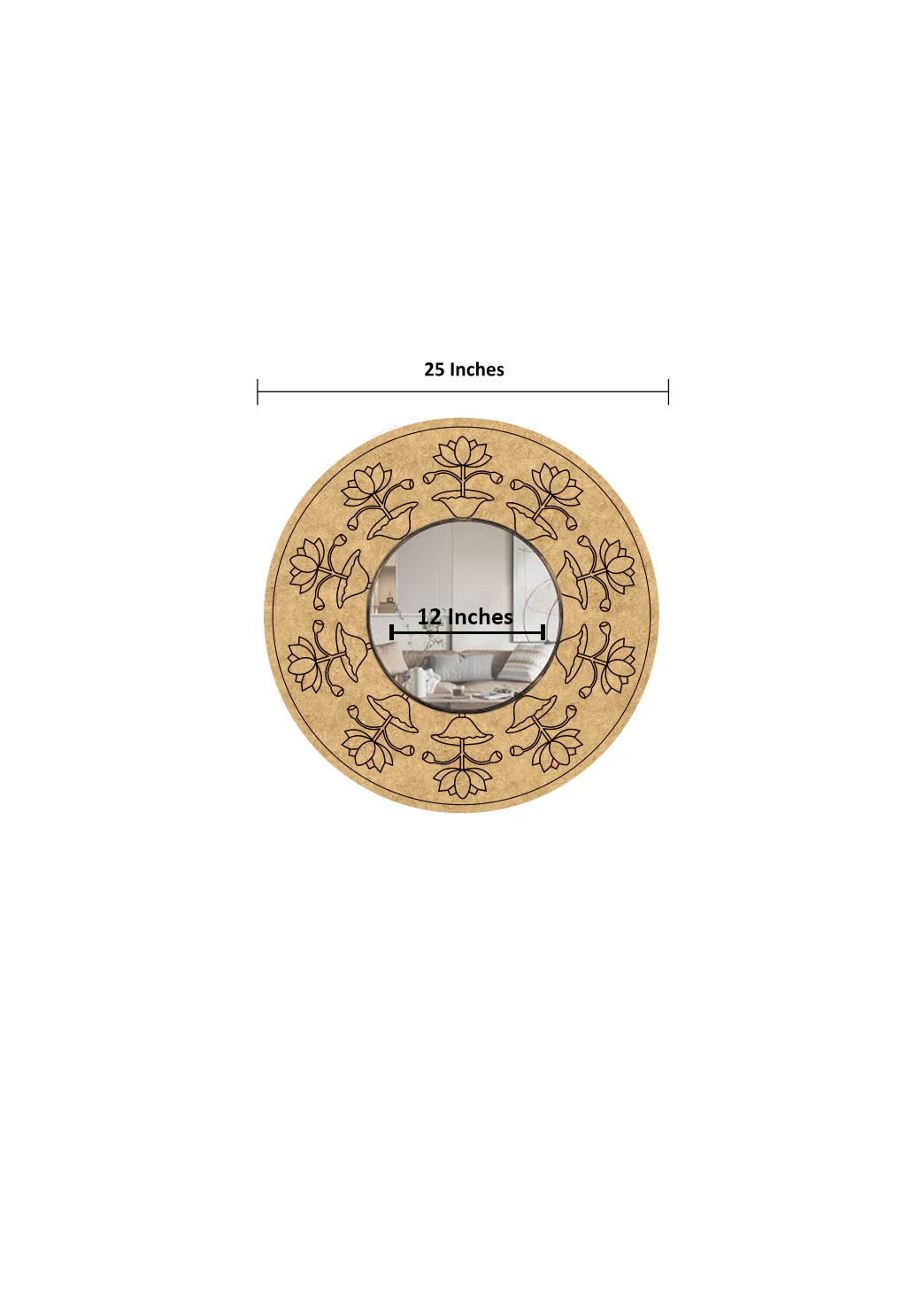 Decorative round wall mirror with floral design and measurements on a white background