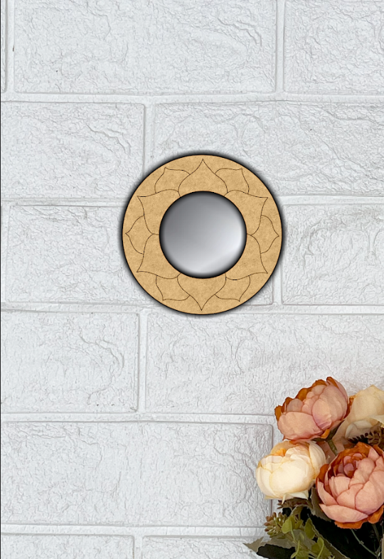 DIY round MDF mirror with engraved lotus petal design, blank 