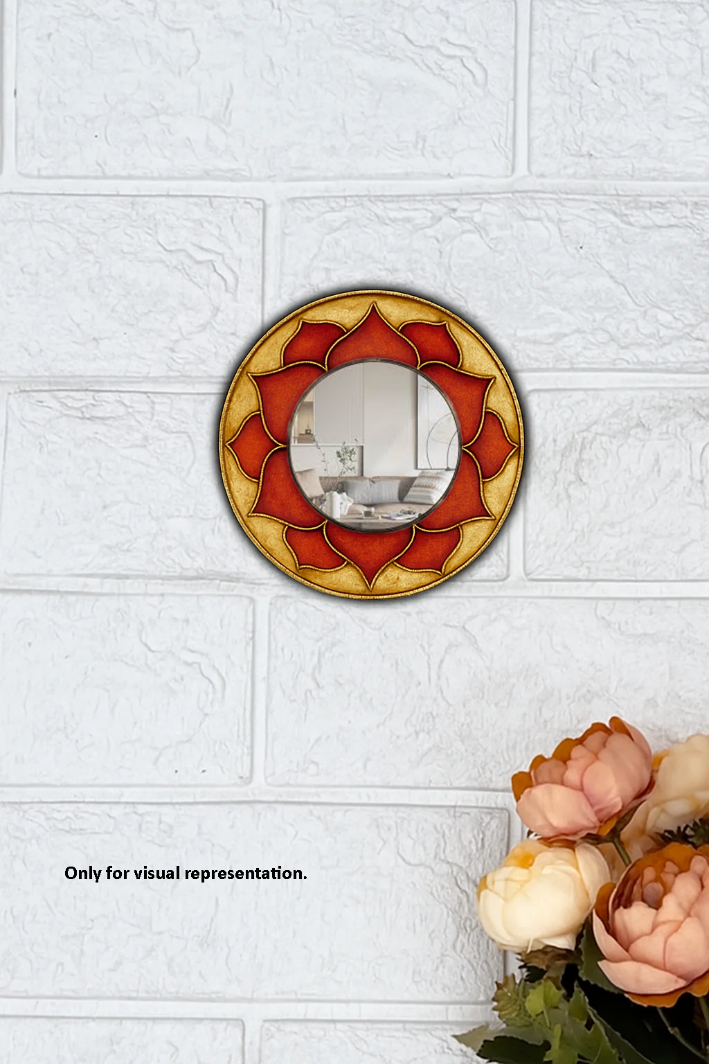 Decorative round DIY wall mirror with a red floral design on a textured white wall.