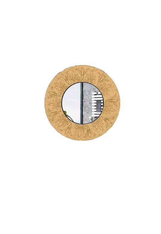 Round decorative DIY wall mirror with a mdf frame on a white background