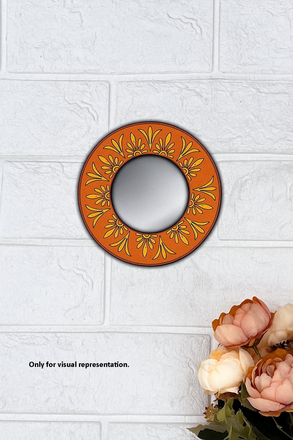 Hand-painted MDF round mirror with orange and yellow floral design on wall