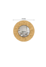 Decorative round DIY wall mirror with floral patterns and measurement details on a white background