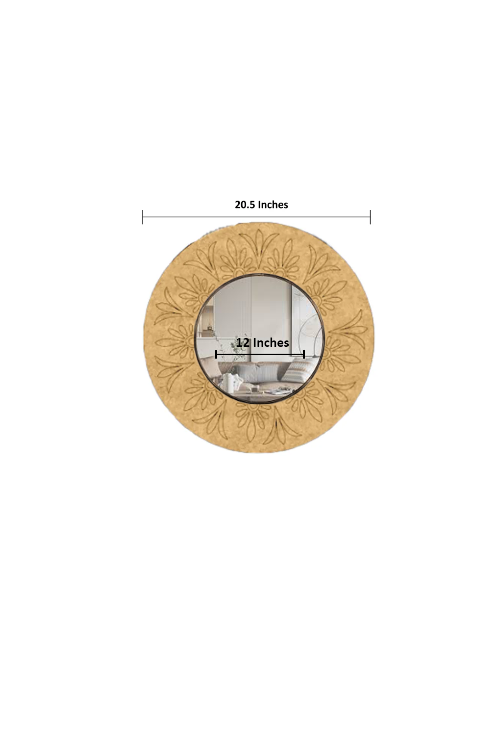Decorative DIY round wall mirror with floral patterns and measurements on a white background