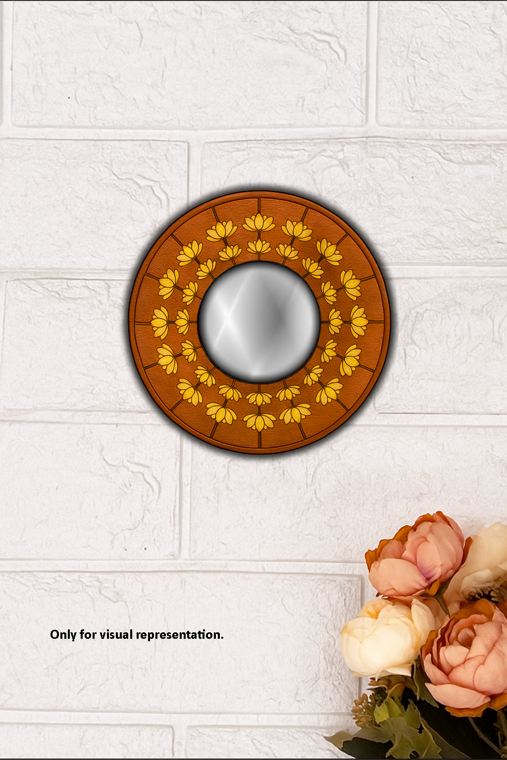 Hand-painted MDF round mirror with orange and yellow floral design on wall