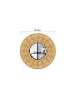 Round DIY mdf wall mirror with floral patterns and measurements on a white background