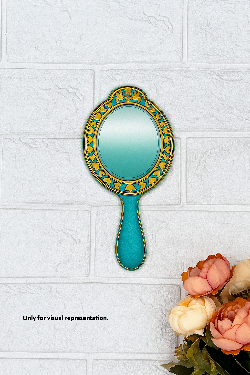 Hand-painted MDF handheld mirror in teal blue with golden accents