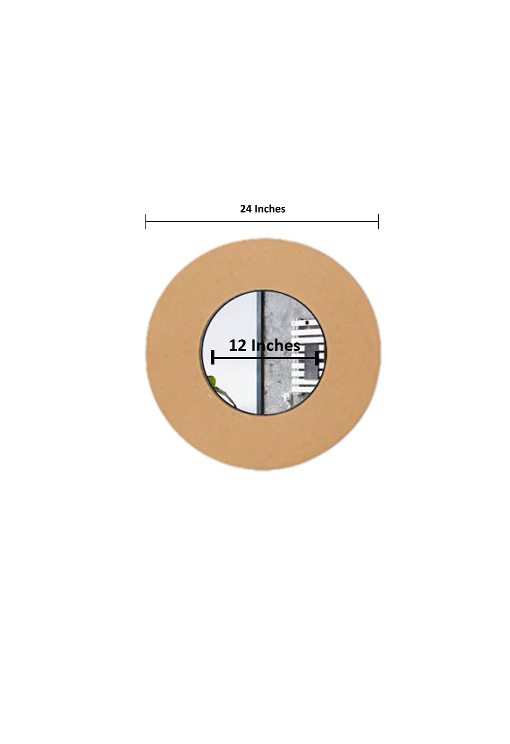 Round brown DIY wall mirror with measurement labels on a white background