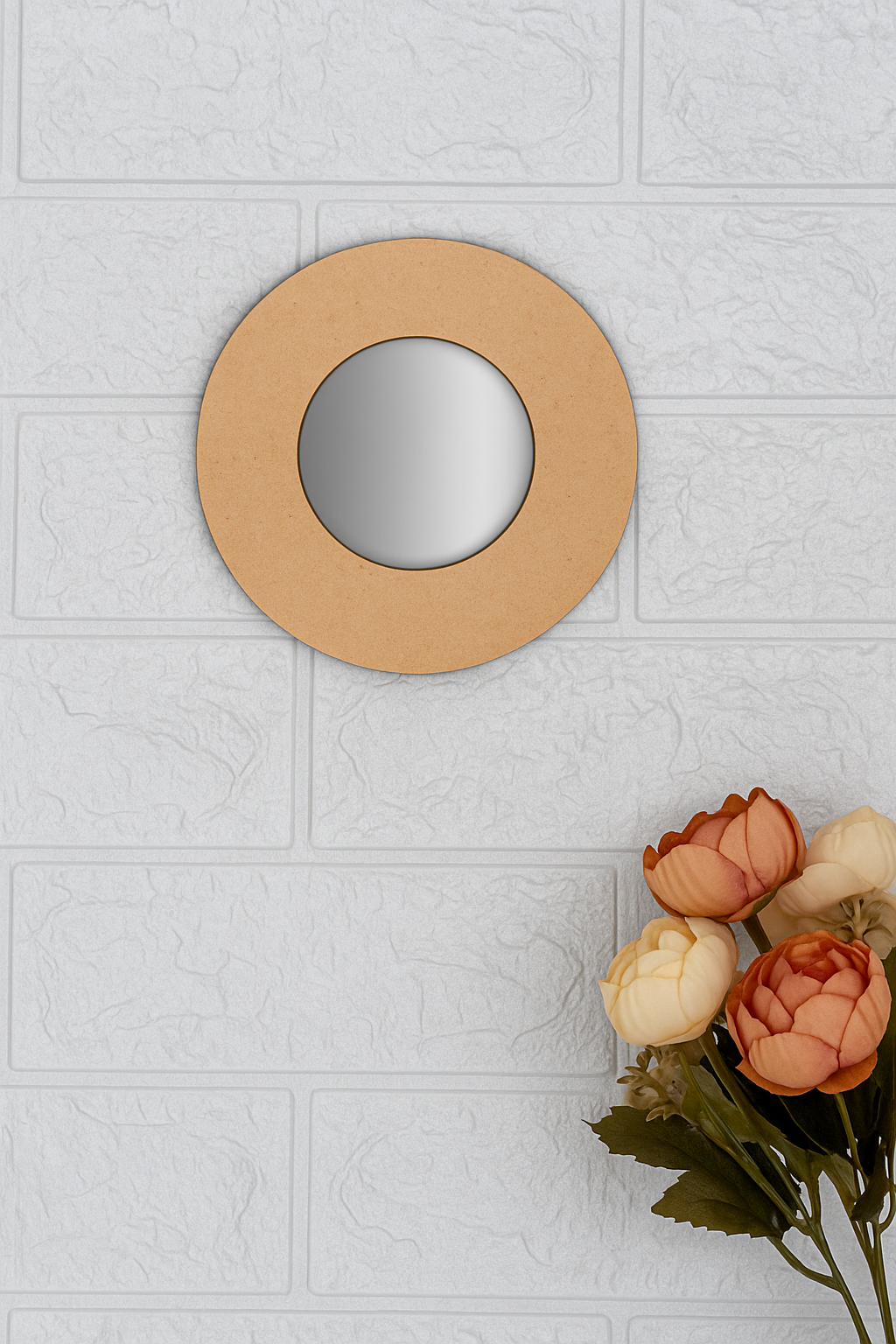 Plain round MDF wall mirror base on white textured wall